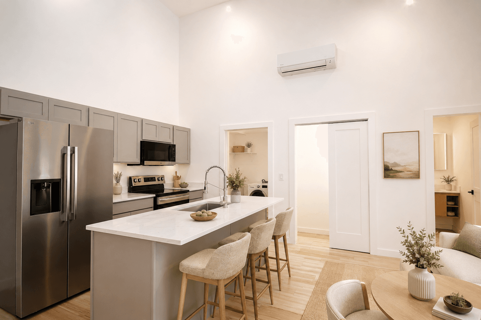 Virtually staged open Tillson Woods kitchen and living area.